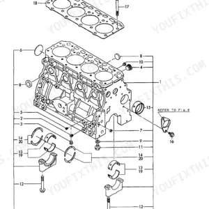 Yanmar 4TN84L-RB, 4TN84L-RBF, 4TN84L-RBVM, 4LN84L-RBFVM, 4TN84L-RB/F exploded view diagram of the engine cylinder block.