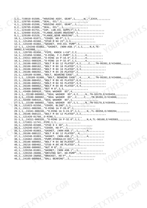 Yanmar 4TN84L-RB, 4TN84L-RBF, 4TN84L-RBVM, 4LN84L-RBFVM, 4TN84L-RB/F parts list for gear housing and hydraulic oil pump components.