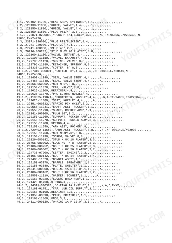 Yanmar 4TN84L-RB, 4TN84L-RBF, 4TN84L-RBVM, 4LN84L-RBFVM, 4TN84L-RB/F parts list for cylinder head and rocker arm components.