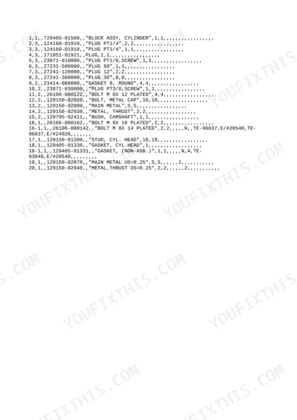 Yanmar 4TN84L-RB, 4TN84L-RBF, 4TN84L-RBVM, 4LN84L-RBFVM, 4TN84L-RB/F parts list for cylinder block assembly and gaskets.