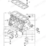 Yanmar 4TN84L-RBA exploded view diagram of the cylinder block, including main bearings, caps, and head gasket.