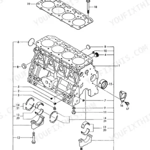 Yanmar 4TN84L-RBA exploded view diagram of the cylinder block, including main bearings, caps, and head gasket.
