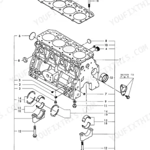 Yanmar 4TN84L-RBB exploded view diagram of the cylinder block, including main bearings, caps, and head gasket.