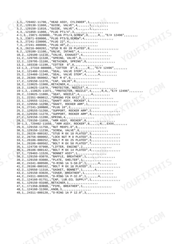 Yanmar 4TN84L-RBB parts list for cylinder head, rocker arm, and bonnet assembly components.