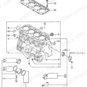 Yanmar 4TN84TL-RBS, 4TN84TL-RBS (B50W) exploded view diagram of the cylinder block, main bearings, and head gasket.