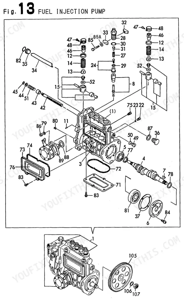 Yanmar 4TN84TL-RBS, 4TN84TL-RBS (B50W) exploded view diagram of the fuel injection pump assembly and components.