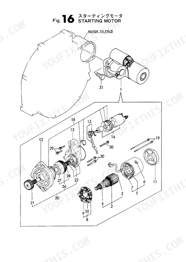 Yanmar 4TNC88L-RB, B50-2 exploded view diagram of the starting motor assembly with numbered component parts list.