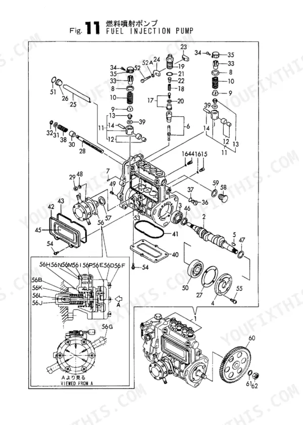Yanmar 4TNC88L-RB, B50-2 exploded view diagram of the fuel injection pump assembly with numbered components.