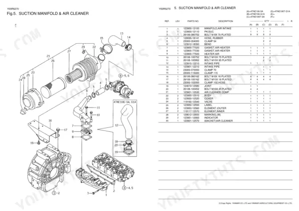 Yanmar 4TNE106-SA, 4TNE106-G1A, 4TNE106T-SA, 4TNE106T-G1A exploded view diagram and parts list for suction manifold and air cleaner.
