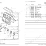 Yanmar 4TNE106-SA, 4TNE106-G1A, 4TNE106T-SA, 4TNE106T-G1A cylinder block exploded view diagram and parts list table.