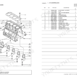 Yanmar 4TNE106-SA, 4TNE106-G1A, 4TNE106T-SA, 4TNE106T-G1A cylinder block exploded view diagram and parts list table.