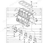 Yanmar 4TNE106-TB, TCR50 4TNE106-TB exploded view diagram of the cylinder block, main bearings, and head gasket.