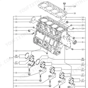 Yanmar 4TNE106-TB, TCR50 4TNE106-TB exploded view diagram of the cylinder block, main bearings, and head gasket.