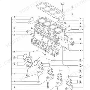 Yanmar 4TNE106T-TBL, TL150 exploded view diagram of the cylinder block, main bearings, and head gasket components.