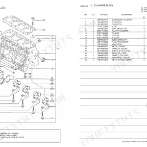 Yanmar 4TNE84-SA, 4TNE84-G1A, 4TNE84-G2A cylinder block exploded view diagram and parts list with reference numbers.