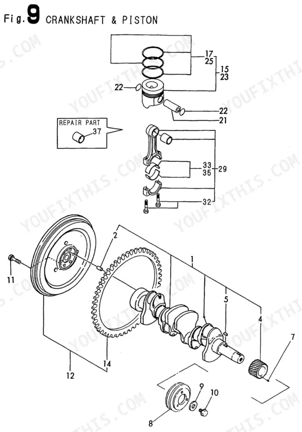 Yanmar 4TNE84T-BS, 4TNE84T-BS (B50W-1), Y00B6190 exploded view diagram of engine crankshaft, piston, and connecting rod.