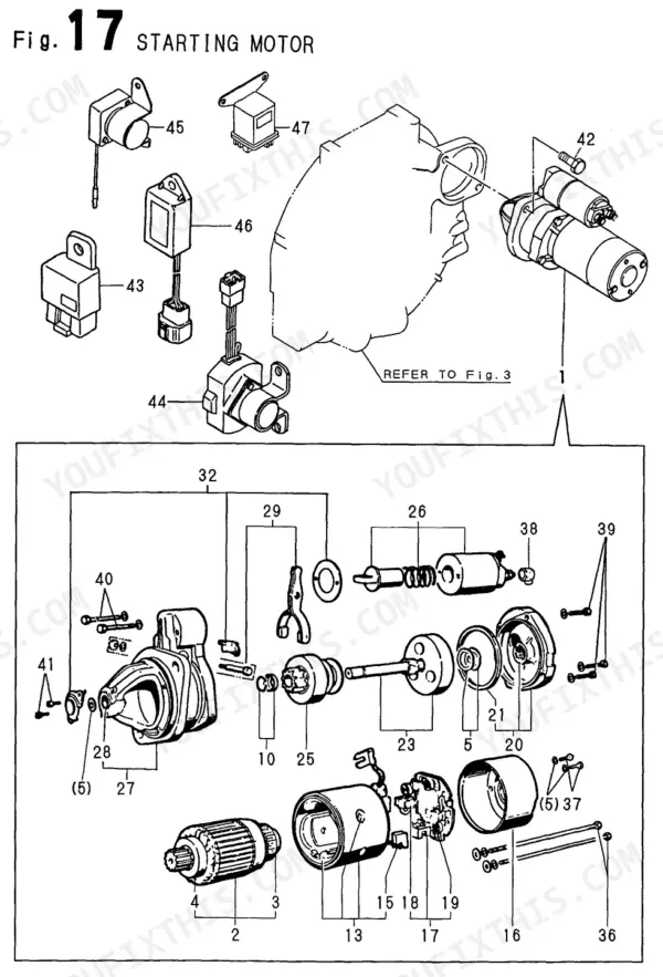 Yanmar 4TNE84T-BS, 4TNE84T-BS (B50W-1), Y00B6190 exploded view diagram of the starting motor and electrical components.
