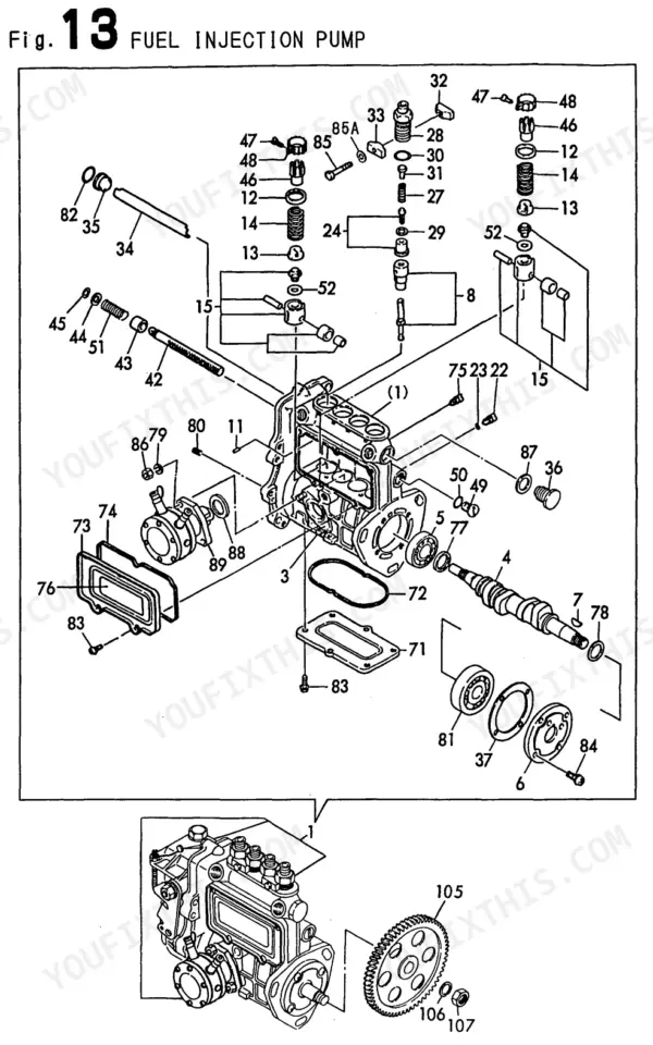 Yanmar 4TNE84T-BS, 4TNE84T-BS (B50W-1), Y00B6190 exploded view diagram of fuel injection pump components and assembly.