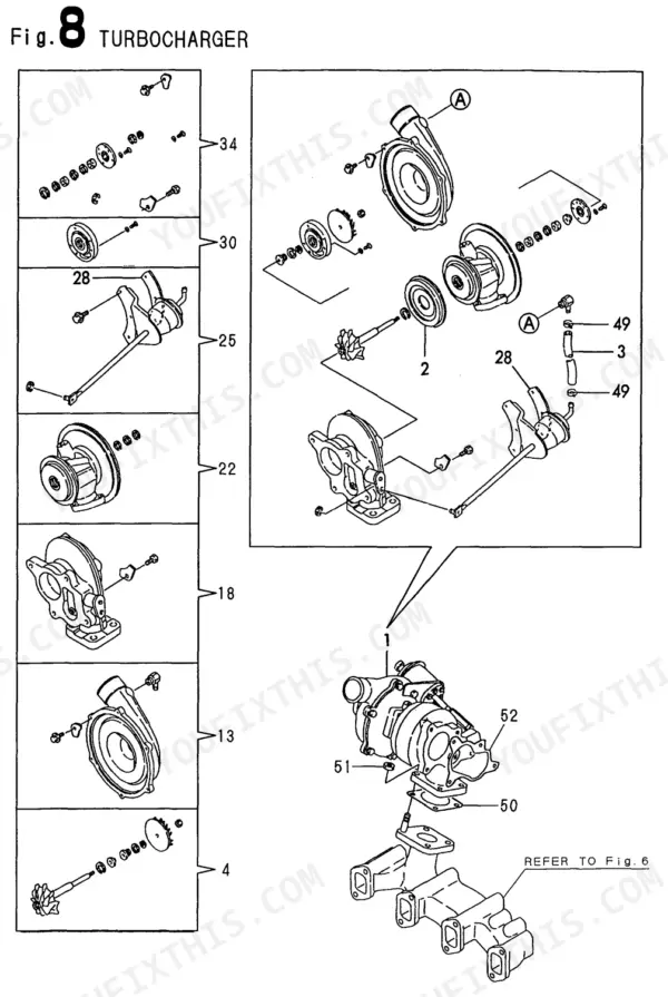 Yanmar 4TNE84T-BS, 4TNE84T-BS (B50W-1), Y00B6190 exploded view diagram of the turbocharger assembly components.