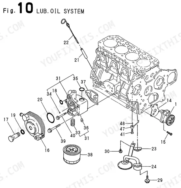 Yanmar 4TNE84T-BS, 4TNE84T-BS (B50W-1), Y00B6190 exploded view of the engine lubrication oil system components.