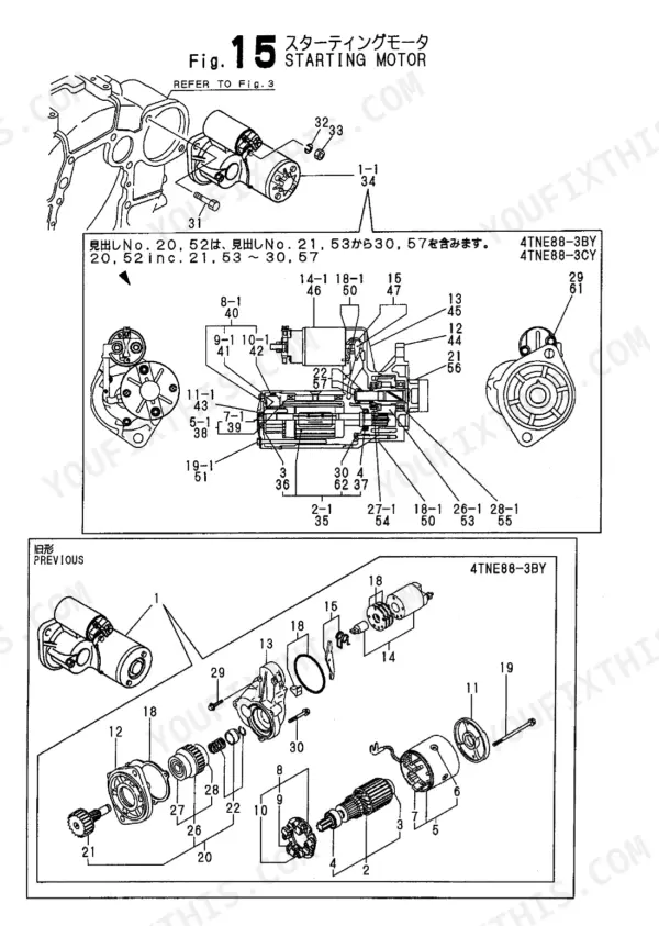 Yanmar 4TNE88-3BY, 3CY, 3CY (B6U), 4TNE88-3CY starting motor exploded view diagram with numbered component parts.