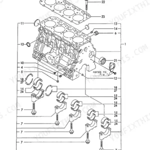 Yanmar 4TNE88-3BY, 3CY, 3CY (B6U), 4TNE88-3CY exploded view of cylinder block, main bearings, and head gasket components.