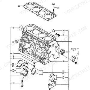 Yanmar 4TNE88-B1, B50-2A, Y00B5141 exploded view of cylinder block, main bearings, and head gasket components.