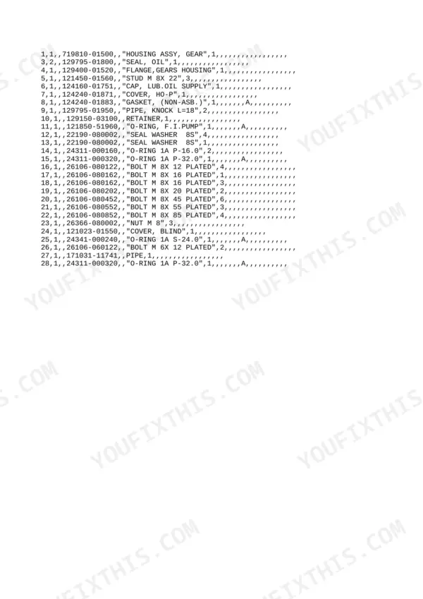 Yanmar 4TNE88-B1, B50-2A, Y00B5141 parts list for gear housing assembly, seals, bolts, and O-rings with part numbers.