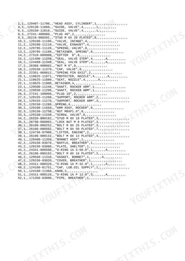 Yanmar 4TNE88-B1, B50-2A, Y00B5141 parts list for cylinder head assembly, valve train, and rocker arm components.