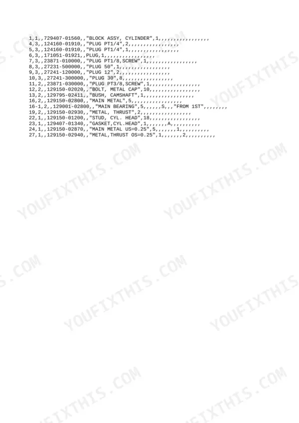 Yanmar 4TNE88-B1, B50-2A, Y00B5141 parts list for cylinder block assembly, plugs, camshaft bushings, and main bearings.