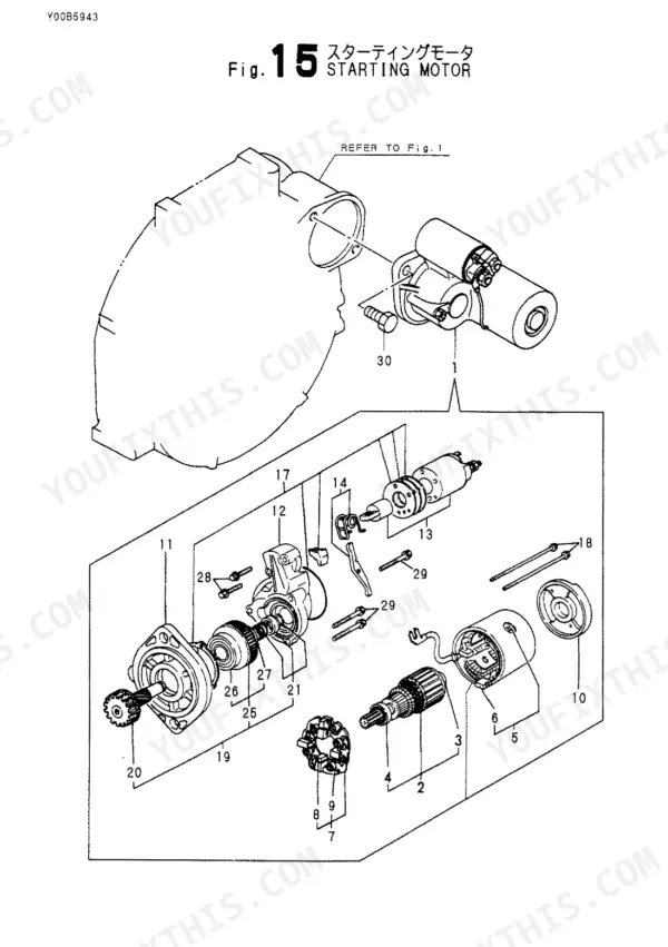 Yanmar 4TNE88-(E)BVA starting motor exploded view diagram showing housing, solenoid, armature, and internal components.
