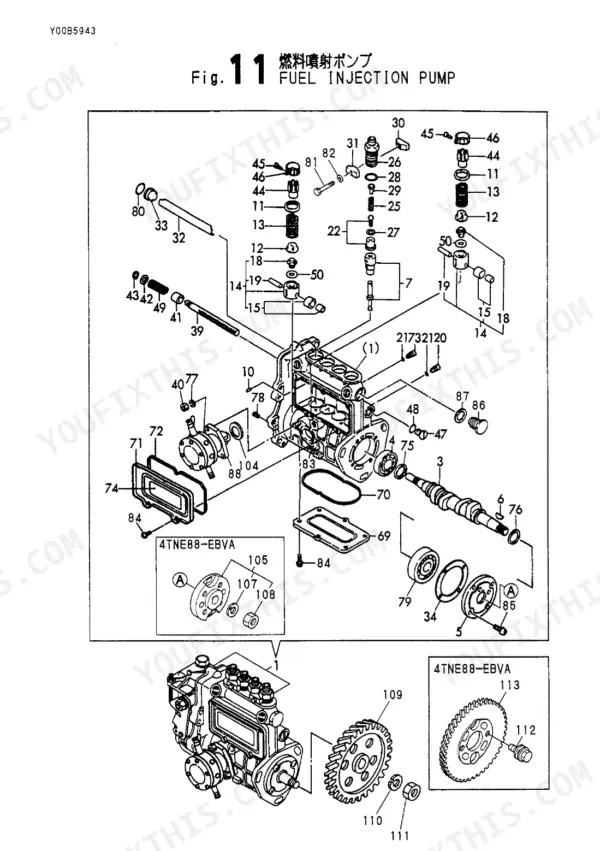 Yanmar 4TNE88-EBVA fuel injection pump exploded view diagram showing pump housing, camshaft, and gear components.