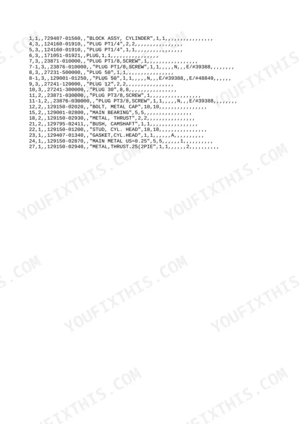 Yanmar 4TNE88-(E)BVA parts list showing cylinder block assembly, plugs, main bearings, and head studs with part numbers.