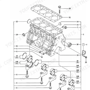 Yanmar 4TNE88-(E) TB (1) (Z), 4TNV88-QTB, QTB1, TB145, 4TNE88-TB (1), 4TNE88-ETB (1), 4TNE88-ETBZ cylinder block exploded view.
