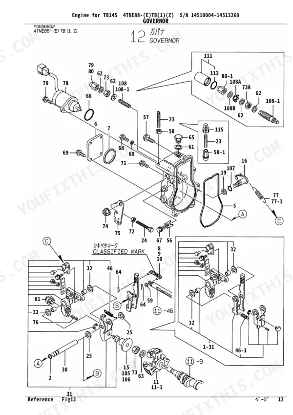 Yanmar 4TNE88-(E) TB (1) (Z), 4TNV88-QTB, TB145 governor exploded view diagram showing internal linkage components.