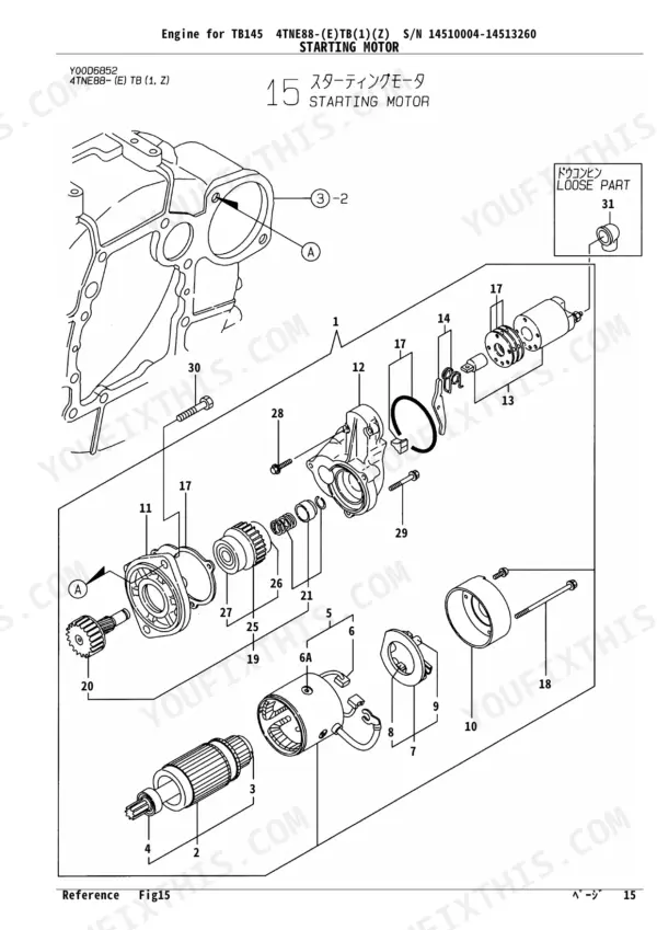 Yanmar 4TNE88-(E) TB (1) (Z) starting motor exploded view diagram showing housing, armature, solenoid, and gear components.