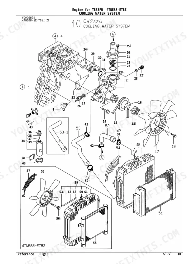 Yanmar 4TNE88-ETBZ, 4TNV88-QTBZ exploded view of cooling water system