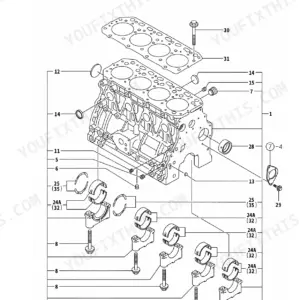 Yanmar 4TNE88-ETBZ, TB53FR cylinder block exploded view showing main bearings, caps, and bolts.