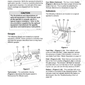 Yanmar 4TNE92, 4TNE94L, 4TNE98 operator console gauges, indicators, tachometer, and warning light diagrams.