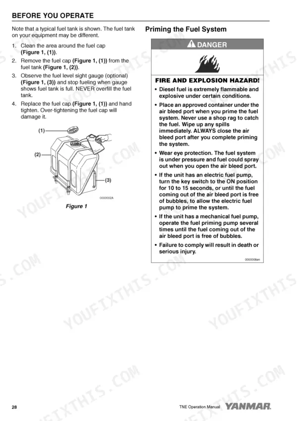 Yanmar 4TNE92, 4TNE94L, 4TNE98 fuel tank diagram and fuel system priming safety procedures.