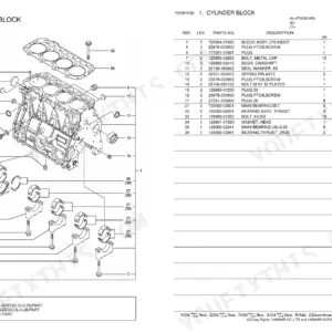 Yanmar 4TNE92-HRJ cylinder block exploded view diagram and parts list with main bearings and head bolts.