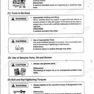 Yanmar 4TNE94, 4TNE98, 4TNE106, 4TNE106T safety manual page covering working wear, tools, genuine parts, and torque procedures.