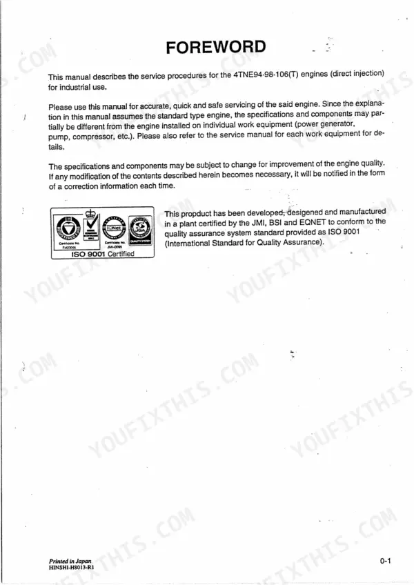 Yanmar 4TNE94, 4TNE98, 4TNE106, 4TNE106T service manual foreword page with ISO 9001 certification details.