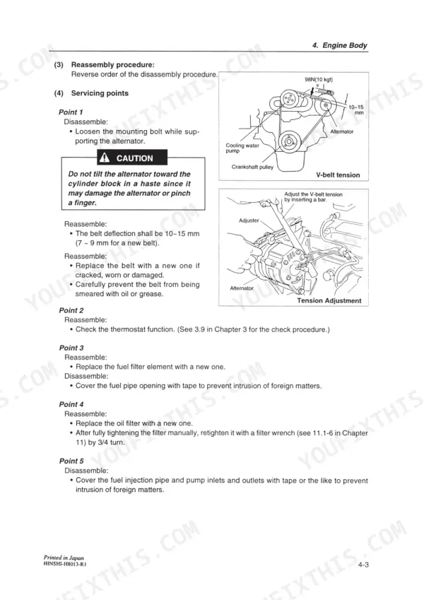 Yanmar 4TNE engine V-belt tension and alternator adjustment procedures.