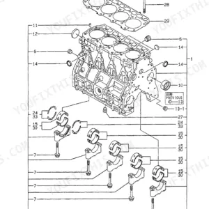 Yanmar 4TNE98-BV (ViO70) Parts Catalog: exploded view diagram of the cylinder block, main bearings, and bolts.