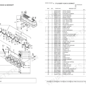 Yanmar 4TNE98-NMH, NACCO exploded view of cylinder head, bonnet, rocker arm, and valve components with parts list table.