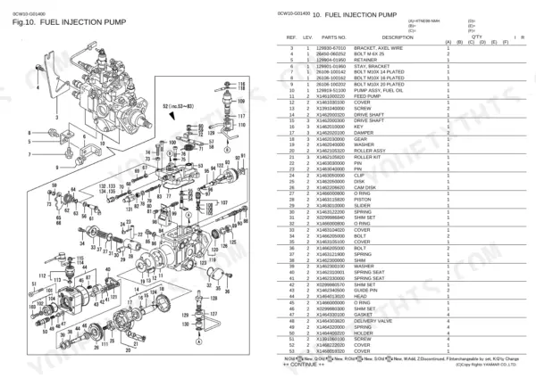 Yanmar 4TNE98-NMH, NACCO fuel injection pump exploded view diagram and parts list with reference numbers.