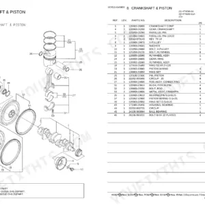 Yanmar 4TNE98-SA, 4TNE98-G1A crankshaft and piston exploded view diagram and parts list with reference numbers.