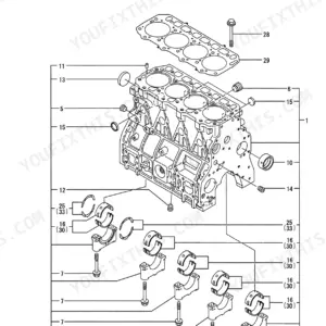 Yanmar 4TNE98-TB, 4TNE98-TBA, 4TNV98-WTB, TB75/80FR exploded view diagram of the engine cylinder block and bearings.