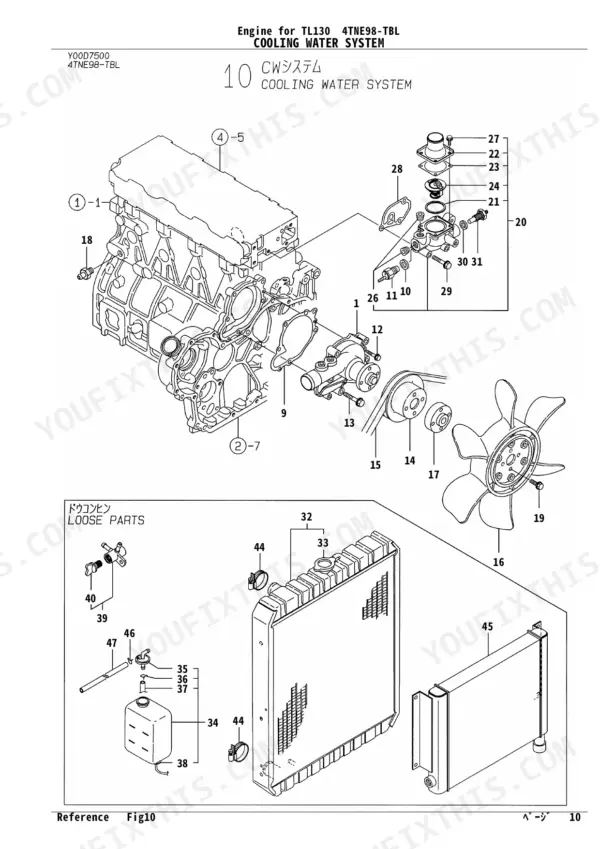 Yanmar 4TNE98-TBL exploded view of the cooling water system, including water pump and radiator.